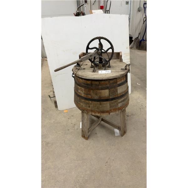 Antique Wooden Barrel Hand-Crank Washing Machine on Wooden Stand
