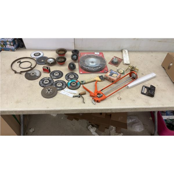 Assorted Grinding Wheels, Wire Brush Cups, Scraper, Door Hardware, Caulking Gun and More
