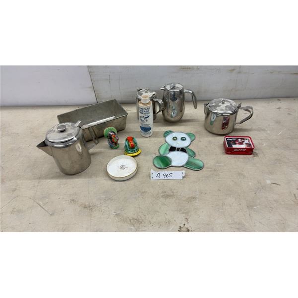 Stainless Steel Coffee Pots, Loaf Pan, Stained Glass Panda, Coca-Cola Tin, Salt and Pepper