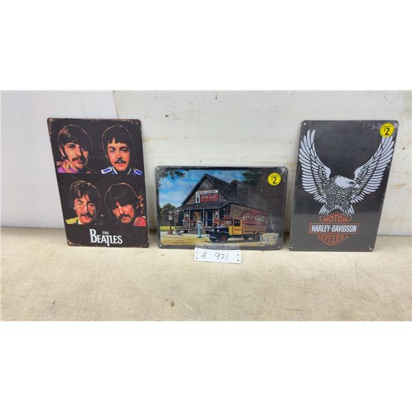 3 Metal Signs – The Beatles, Coca-Cola/Smith's Grocery, Harley-Davidson Eagle, 12x8"