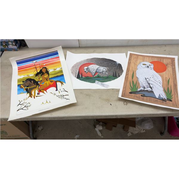3 Native American Art Prints – Warrior on Horse, White Buffalo, Snowy Owl, Largest 24x18"