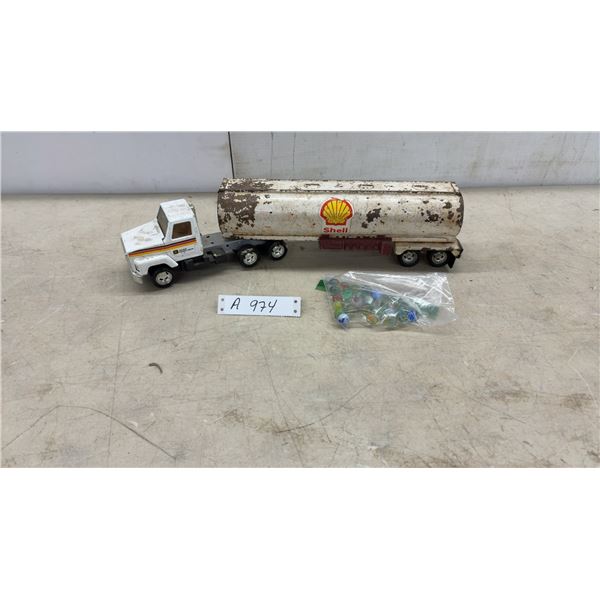 Shell Tanker Trailer w/ John Deere Cab and Bag of Glass Marbles