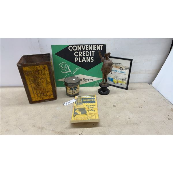 Vintage Advertising Lot – Tin Cans, Pepsi-Cola Sign, 1959 Ford Taxicabs Picture, Bronze Statue