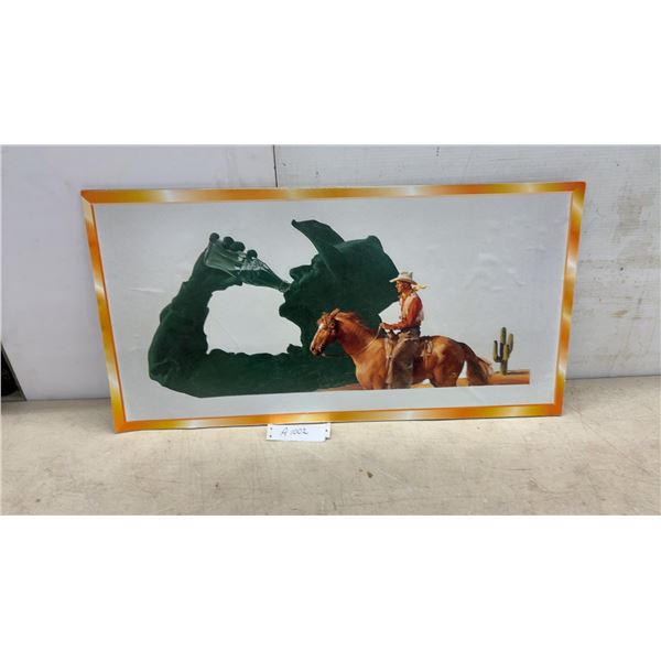 Western Cowboy on Horseback Desert Scene Art Print, Mounted on Wood, 16x31"