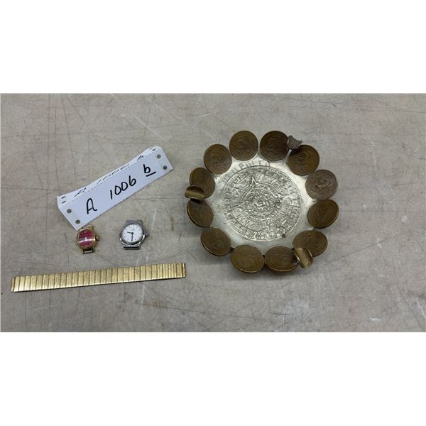 Mexican Aztec Calendar Coin Dish w/ Centavo Coins, 2 Timex Watch Heads, Gold-Tone Band