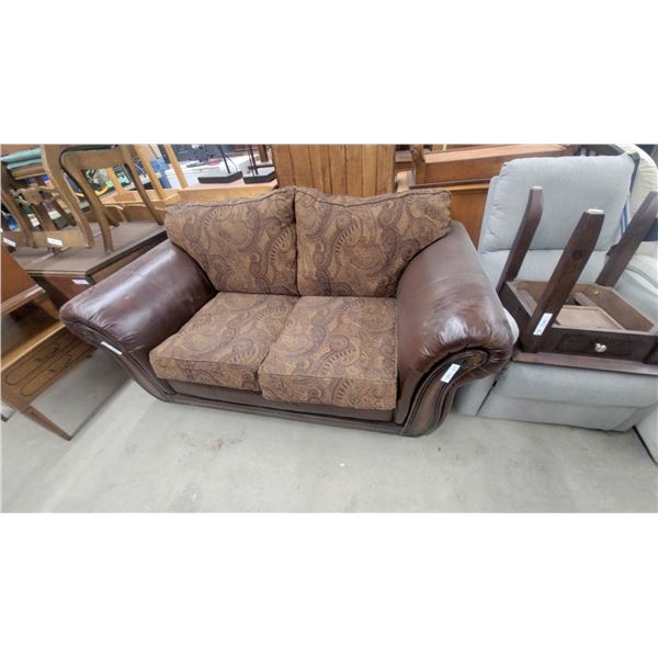 Brown Leather and Paisley Fabric Loveseat w/ Carved Wood Trim, Rolled Arms, 70" Wide