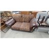 Image 1 : Brown Leather and Paisley Fabric Loveseat w/ Carved Wood Trim, Rolled Arms, 70" Wide