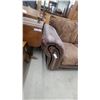 Image 2 : Brown Leather and Paisley Fabric Loveseat w/ Carved Wood Trim, Rolled Arms, 70" Wide