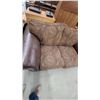 Image 3 : Brown Leather and Paisley Fabric Loveseat w/ Carved Wood Trim, Rolled Arms, 70" Wide