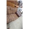 Image 4 : Brown Leather and Paisley Fabric Loveseat w/ Carved Wood Trim, Rolled Arms, 70" Wide