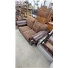 Image 5 : Brown Leather and Paisley Fabric Loveseat w/ Carved Wood Trim, Rolled Arms, 70" Wide