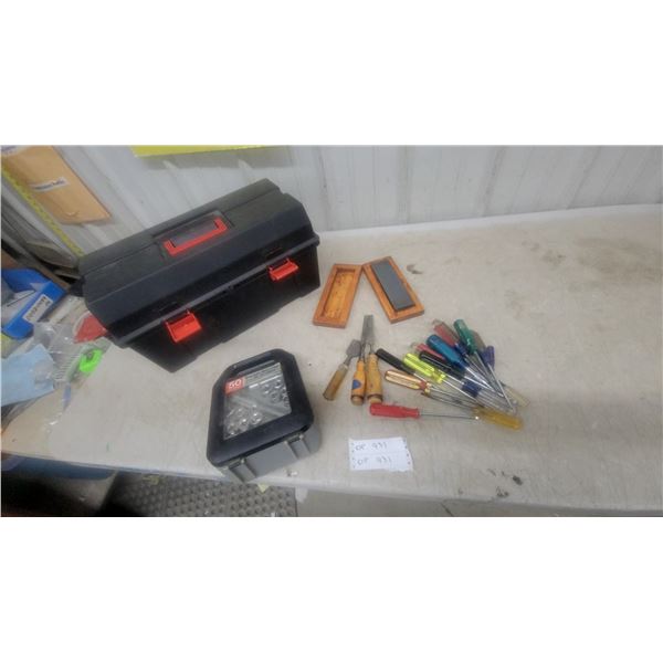 Black/Red Toolbox, 50-Piece Socket Set, Screwdrivers, Wood Chisels and Sharpening Stones