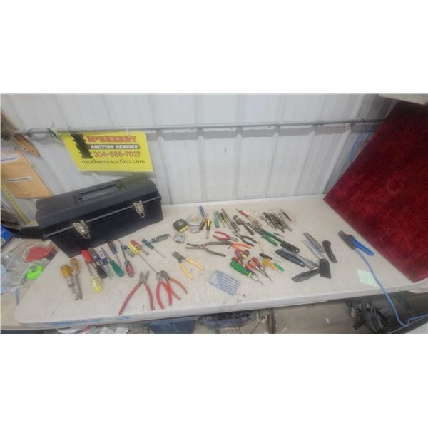 Assorted Hand Tools w/ Toolbox – Screwdrivers, Pliers, Tape Measures, Knives, Precision Bit Set