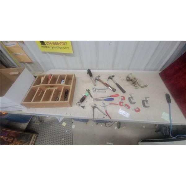 Assorted Hand Tools – Hammers, Pliers, Wrenches, C-Clamps, Screwdrivers, Wooden Organizer