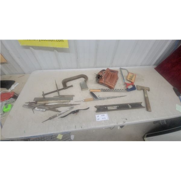 Assorted Hand Tools – Files, C-Clamp, Hacksaw, Level, Leather Tool Pouch, Measuring Tools