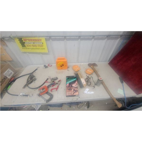 Assorted Tools – C-Clamps, Quick Clamp Set, Tape Measures, Axe, and More