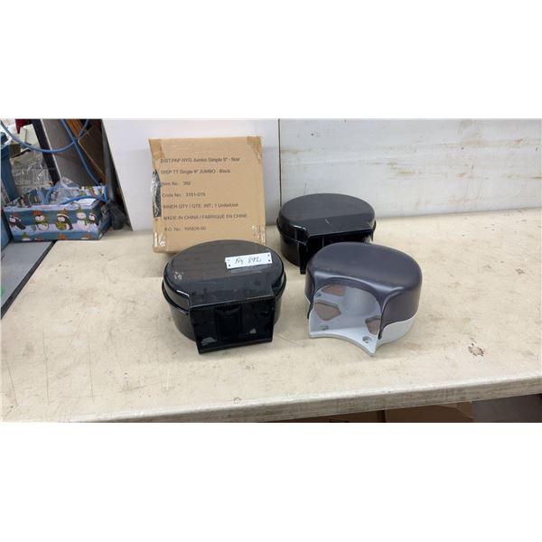 4 Jumbo 9" Toilet Paper Dispensers, Black and Gray – 1 NIB, 1 No Key, 1 Cracked Face
