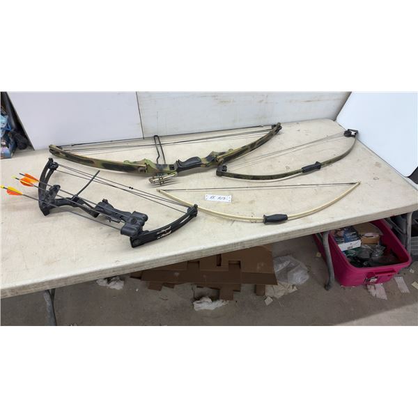 4 Bows – 2 Compound Bows (Camo and Black), 1 Recurve Bow, 1 Youth Bow w/ Arrows