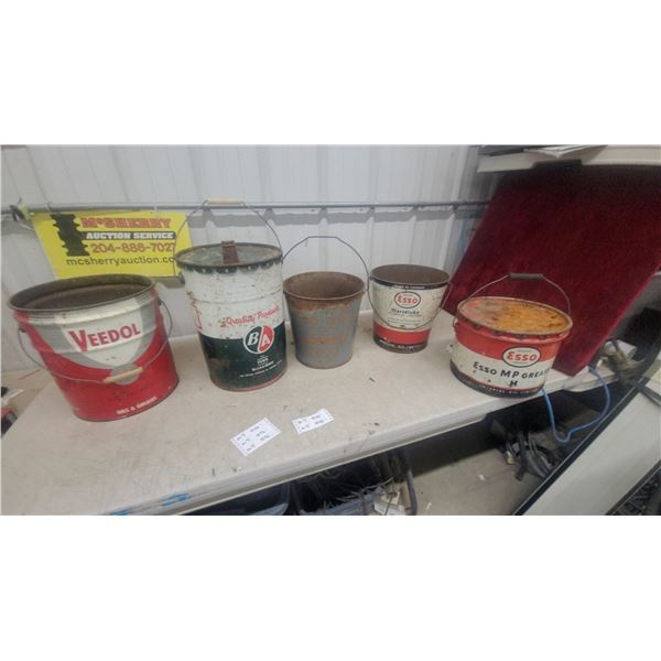 5 Vintage Oil and Grease Pails – Veedol, B/A, Esso MP Grease, Co-op