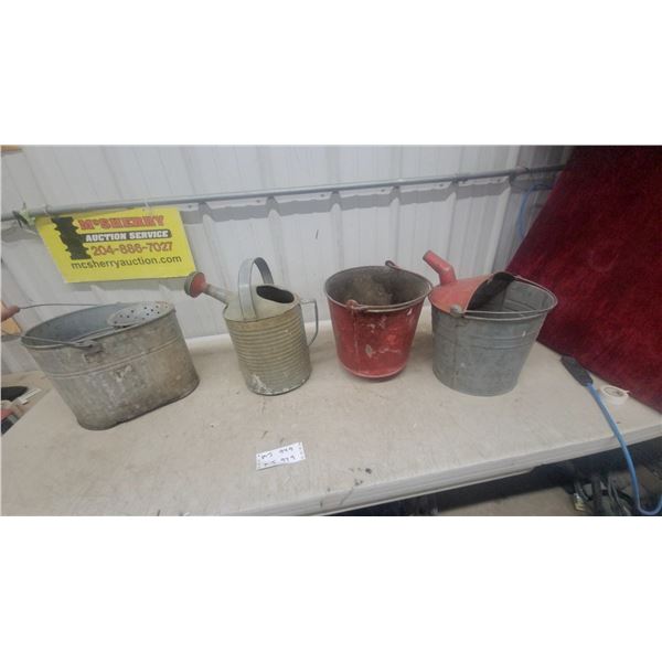 Galvanized Buckets, Watering Can, and Red Fireman Bucket Lot