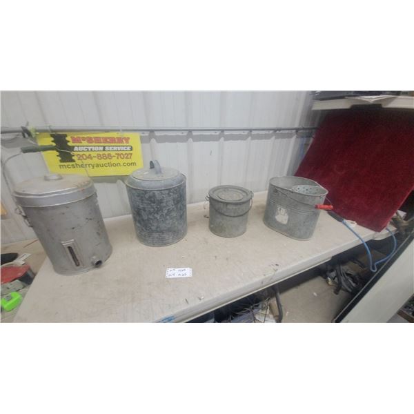 4 Galvanized Metal Pails/Buckets Including Minnow Bucket, Various Sizes