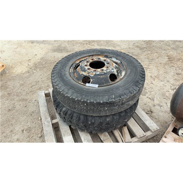 2 Truck Tires on Steel Rims, 8-Lug Bolt Pattern, 8.25-20
