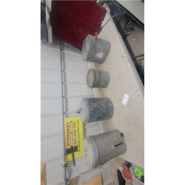 4 Galvanized Metal Buckets and Containers Including Minnow Bucket