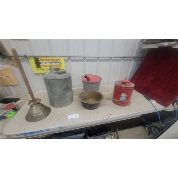 Vintage Galvanized Metal Gas Cans and Laundry Plunger, Assorted Sizes