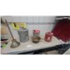 Image 1 : Vintage Galvanized Metal Gas Cans and Laundry Plunger, Assorted Sizes