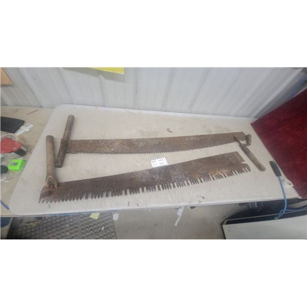 2 Vintage Crosscut Saws w/ Wooden Handles
