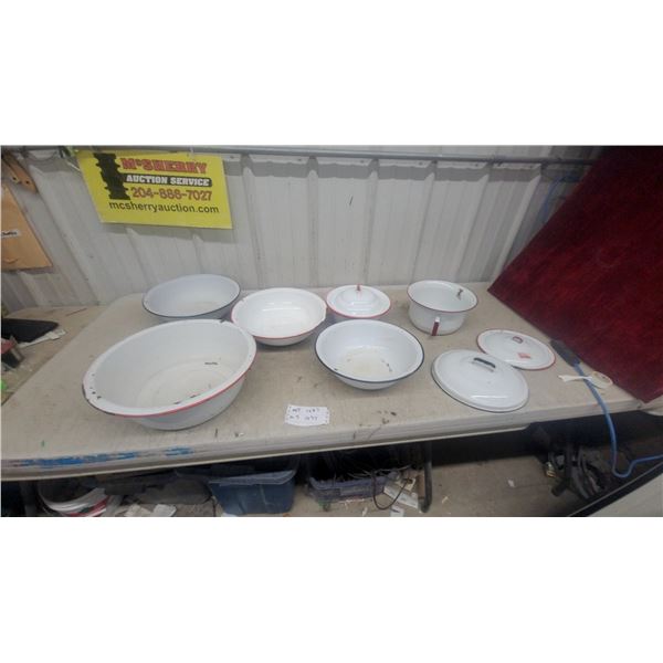 8-Piece Vintage White Enamelware Collection w/ Red/Blue Trim – Basins, Bowls, Pot