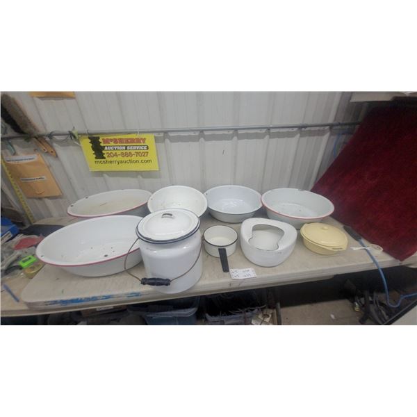 Vintage White Enamelware Collection – Pails, Basins, Pots, Bedpan w/ Red and Black Trim