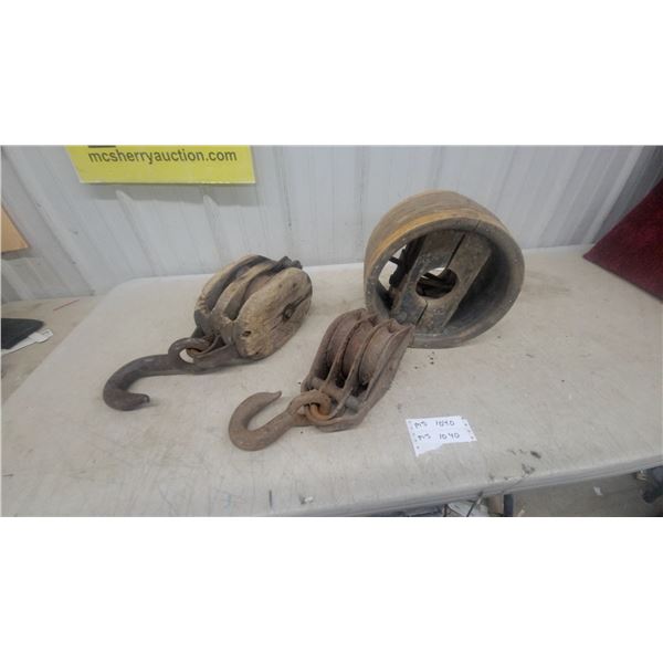 3 Antique Wooden Block and Tackle Pulleys w/ Iron Hooks and Wood Belt Drive Pulley