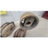 Image 4 : 3 Antique Wooden Block and Tackle Pulleys w/ Iron Hooks and Wood Belt Drive Pulley