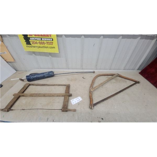 Antique Wooden Buck Saw, Bow Saw, and Vintage Pump Sprayer Lot