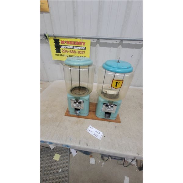 2 Vintage Turquoise 1¢ Gumball/Candy Vending Machines on Wood Base w/ Key