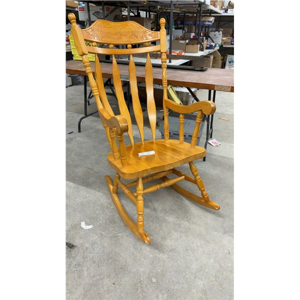 Wooden Rocking Chair w/ Carved Floral Back and Spindle Details