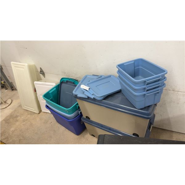 10 Assorted Plastic Storage Totes w/ Lids, Various Sizes and Colors