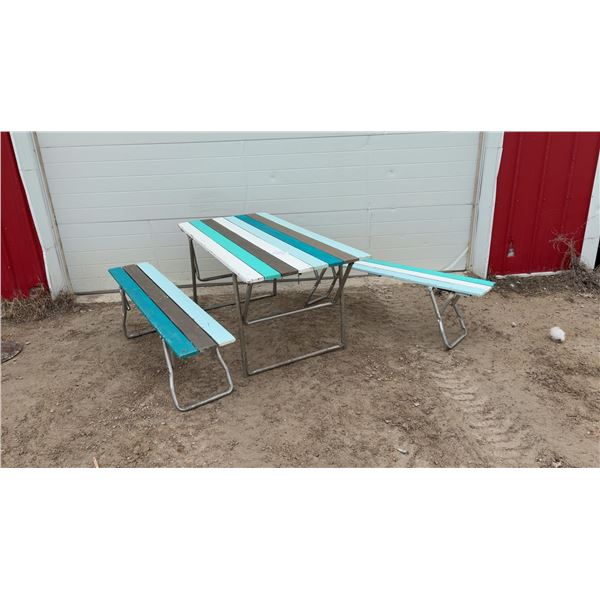Wood Fold-Up Picnic Table w/ 2 Matching Benches, 27x60x29" and 16x57x11"