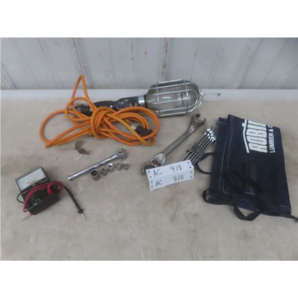 Trouble Light, Sockets, Wrenches, and Multimeter