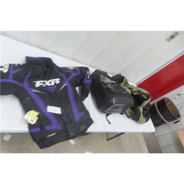 FXR Size 4 Snowmobile Jacket, Backpack, and Duffle Bag