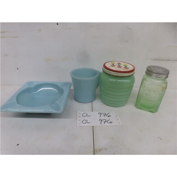 Fire-King Mug, Blue Milk Glass, Ash Tray, Flower Containers, and S&P Shakers