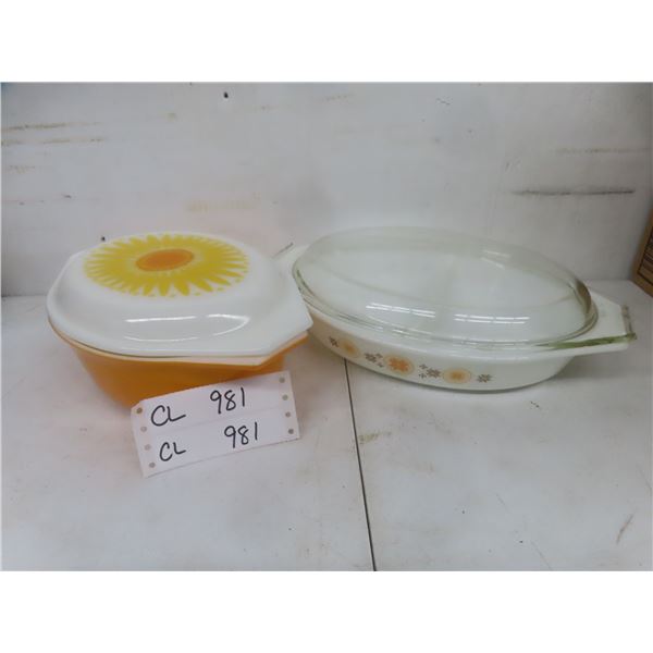 2 Pyrex Casserole Dishes – Sunflower and Town & Country Patterns