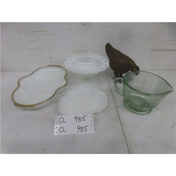 Fire-King Serving Plate, Milk Glass, Brass Chicken, and Measuring Cup