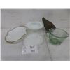 Image 1 : Fire-King Serving Plate, Milk Glass, Brass Chicken, and Measuring Cup