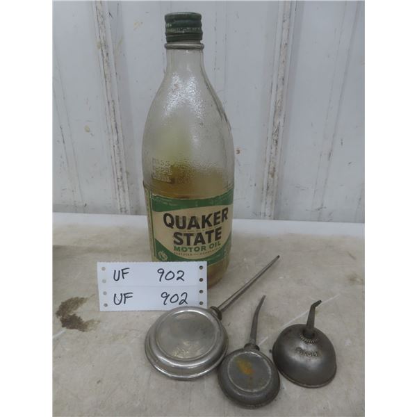 Quaker State 1-Quart Glass Oil Bottle and 3 Oilers