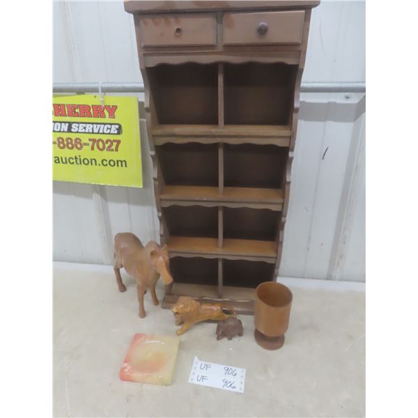Wooden Spice Rack, Animal Carvings, and Ashtray