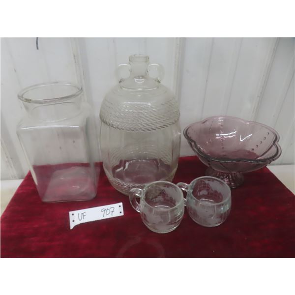 Miscellaneous Glassware – Finger Jug, Candy Bowl, Mugs