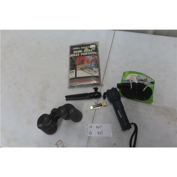 Binoculars 7x35, Flashlights, Pocket Knives, BBQ Hand Grill and More
