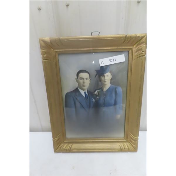 Old Framed Photo in Convex Glass Picture Frame, 14" x 18"